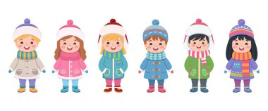 Beyaz arka planda kışın giyinmiş mutlu ve gülümseyen çocuklar. Çizgi film tarzında vektör illüstrasyonu.