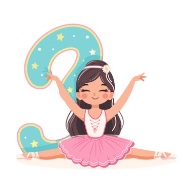 Pembe ve mavi elbiseli güzel balerin kız beyaz arka planda 3 numarayla ayrılıyor. 3 numaralı balerin. Çizgi film tarzında vektör illüstrasyonu