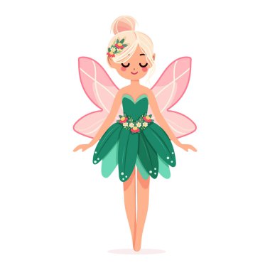 Beyaz arka planda çiçekli elbisesi olan sevimli ve mütevazı orman perisi. Poster, Banner, Flyer, tebrik kartı. Çizgi film tarzında vektör illüstrasyonu