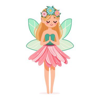 Beyaz arka planda çiçekli elbisesi olan sevimli ve mütevazı orman perisi. Poster, Banner, Flyer, tebrik kartı. Çizgi film tarzında vektör illüstrasyonu