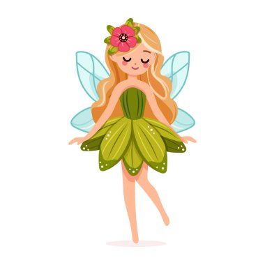 Beyaz arka planda çiçekli elbisesi olan sevimli ve mütevazı orman perisi. Poster, Banner, Flyer, tebrik kartı. Çizgi film tarzında vektör illüstrasyonu