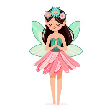 Beyaz arka planda çiçekli elbisesi olan sevimli ve mütevazı orman perisi. Poster, Banner, Flyer, tebrik kartı. Çizgi film tarzında vektör illüstrasyonu