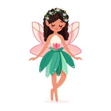 Beyaz arka planda çiçekli elbisesi olan sevimli ve mütevazı orman perisi. Poster, Banner, Flyer, tebrik kartı. Çizgi film tarzında vektör illüstrasyonu