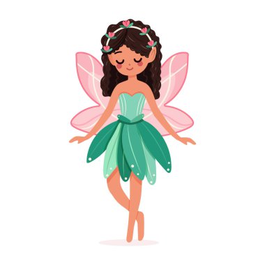 Beyaz arka planda çiçekli elbisesi olan sevimli ve mütevazı orman perisi. Poster, Banner, Flyer, tebrik kartı. Çizgi film tarzında vektör illüstrasyonu