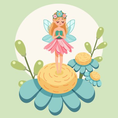 Çiçek elbiseli kanatlı sevimli ve mütevazı orman perisi güzel bir çiçeğin üzerinde duruyor. Poster, Banner, Flyer, tebrik kartı. Çizgi film tarzında vektör illüstrasyonu