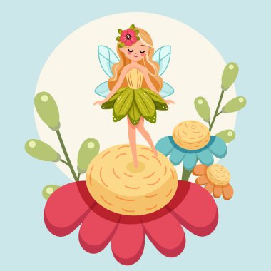 Çiçek elbiseli kanatlı sevimli ve mütevazı orman perisi güzel bir çiçeğin üzerinde duruyor. Poster, Banner, Flyer, tebrik kartı. Çizgi film tarzında vektör illüstrasyonu