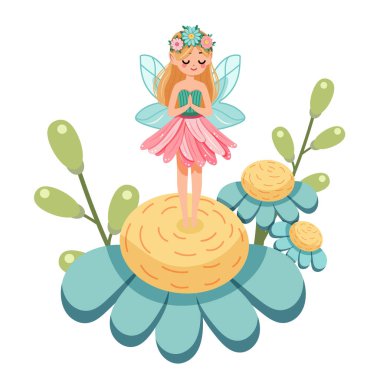 Çiçek elbiseli kanatlı sevimli ve mütevazı orman perisi beyaz arka planda güzel bir çiçeğin üzerinde duruyor. Poster, Banner, Flyer, tebrik kartı. Çizgi film tarzında vektör illüstrasyonu