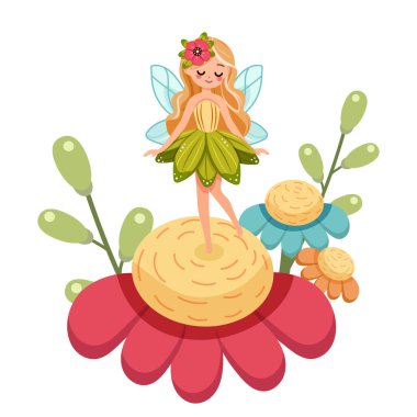 Çiçek elbiseli kanatlı sevimli ve mütevazı orman perisi beyaz arka planda güzel bir çiçeğin üzerinde duruyor. Poster, Banner, Flyer, tebrik kartı. Çizgi film tarzında vektör illüstrasyonu