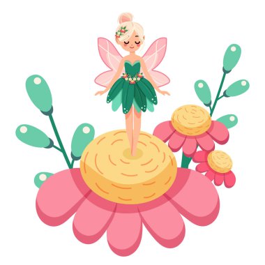 Çiçek elbiseli kanatlı sevimli ve mütevazı orman perisi beyaz arka planda güzel bir çiçeğin üzerinde duruyor. Poster, Banner, Flyer, tebrik kartı. Çizgi film tarzında vektör illüstrasyonu