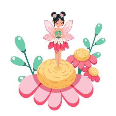 Çiçek elbiseli kanatlı sevimli ve mütevazı orman perisi beyaz arka planda güzel bir çiçeğin üzerinde duruyor. Poster, Banner, Flyer, tebrik kartı. Çizgi film tarzında vektör illüstrasyonu