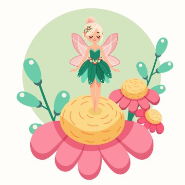 Çiçek elbiseli kanatlı sevimli ve mütevazı orman perisi güzel bir çiçeğin üzerinde duruyor. Poster, Banner, Flyer, tebrik kartı. Çizgi film tarzında vektör illüstrasyonu