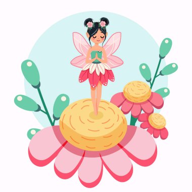 Çiçek elbiseli kanatlı sevimli ve mütevazı orman perisi güzel bir çiçeğin üzerinde duruyor. Poster, Banner, Flyer, tebrik kartı. Çizgi film tarzında vektör illüstrasyonu