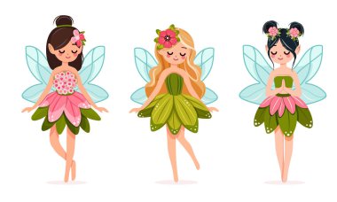 Beyaz arka planda çiçekli elbisesi olan sevimli ve mütevazı orman perisi. Poster, Banner, Flyer, tebrik kartı. Çizgi film tarzında vektör illüstrasyonu