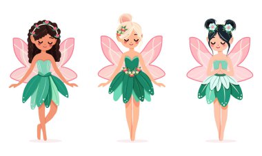 Beyaz arka planda çiçekli elbisesi olan sevimli ve mütevazı orman perisi. Poster, Banner, Flyer, tebrik kartı. Çizgi film tarzında vektör illüstrasyonu