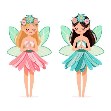 Beyaz arka planda çiçekli elbisesi olan iki sevimli ve mütevazı orman perisi. Poster, Banner, Flyer, tebrik kartı. Çizgi film tarzında vektör illüstrasyonu