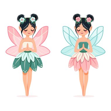 Beyaz arka planda çiçekli elbisesi olan iki sevimli ve mütevazı orman perisi. Poster, Banner, Flyer, tebrik kartı. Çizgi film tarzında vektör illüstrasyonu
