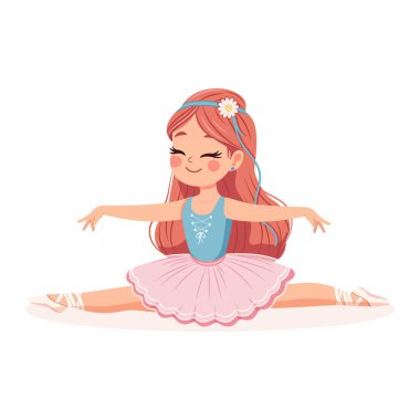 Pembe ve mavi elbiseli güzel ve nazik balerin kız beyaz arka planda ikiye ayrılıyor. Poster, Banner, Flyer, tebrik kartı. Çizgi film tarzında vektör illüstrasyonu