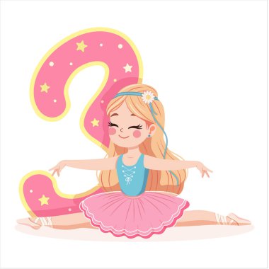 Pembe ve mavi elbiseli güzel balerin kız beyaz arka planda 3 numarayla ayrılıyor. 3 numaralı balerin. Çizgi film tarzında vektör illüstrasyonu