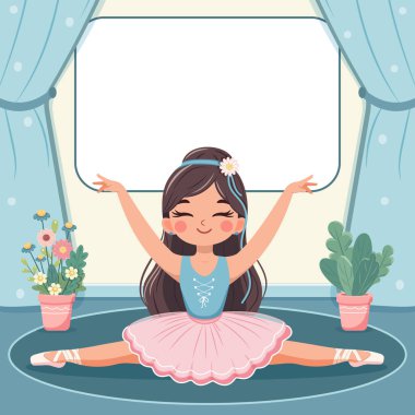 Pembe ve mavi elbiseli şirin balerin şablonu ikiye bölünüyor ve beyaz arka plana özel bir metin yerleştiriliyor. Poster, Banner, Flyer, tebrik kartı. Çizgi film tarzında vektör illüstrasyonu