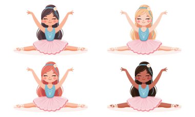 Pembe ve mavi elbiseli farklı balerin kızlar beyaz arka planda ayrılıyorlar. Poster, Banner, Flyer, tebrik kartı. Çizgi film tarzında vektör illüstrasyonu