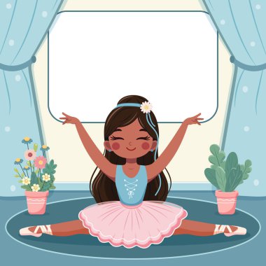 Pembe ve mavi elbiseli şirin balerin şablonu ikiye bölünüyor ve beyaz arka plana özel bir metin yerleştiriliyor. Poster, Banner, Flyer, tebrik kartı. Çizgi film tarzında vektör illüstrasyonu