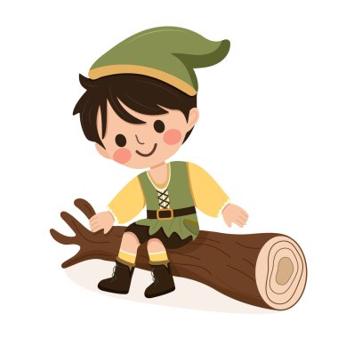 Yeşil şapkalı ve yelekli mutlu ve sevimli çocuk beyaz arka planda bir kütükte oturuyor. Poster, Banner, Flyer, tebrik kartı. Çizgi film tarzında vektör illüstrasyonu