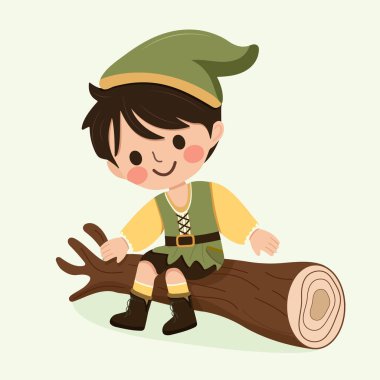 Yeşil şapkalı ve yelekli mutlu ve sevimli çocuk beyaz arka planda bir kütükte oturuyor. Poster, Banner, Flyer, tebrik kartı. Çizgi film tarzında vektör illüstrasyonu