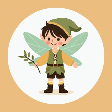 Beyaz arka planda kanatları olan sevimli orman perisi çocuk. Poster, Banner, Flyer, tebrik kartı. Çizgi film tarzında vektör illüstrasyonu