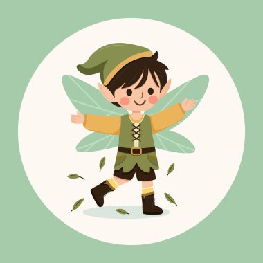 Beyaz arka planda kanatları olan sevimli orman perisi çocuk. Poster, Banner, Flyer, tebrik kartı. Çizgi film tarzında vektör illüstrasyonu