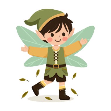 Beyaz arka planda kanatları olan sevimli orman perisi çocuk. Poster, Banner, Flyer, tebrik kartı. Çizgi film tarzında vektör illüstrasyonu