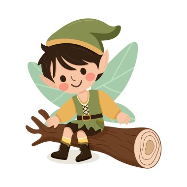 Beyaz arka planda kanatları olan sevimli orman perisi çocuk. Poster, Banner, Flyer, tebrik kartı. Çizgi film tarzında vektör illüstrasyonu