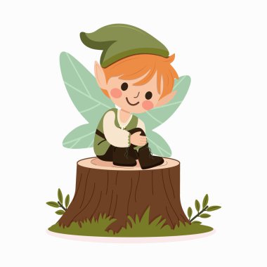 Beyaz arka planda kanatları olan sevimli orman perisi çocuk. Flora ve Fauna. Poster, Banner, Flyer, tebrik kartı. Çizgi film tarzında vektör illüstrasyonu