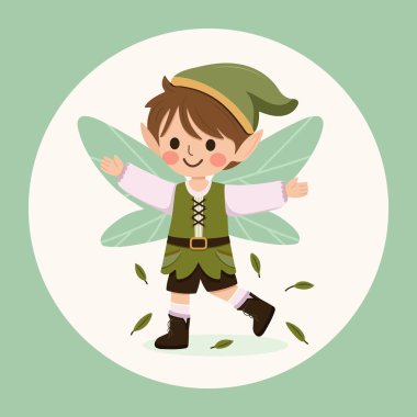 Beyaz arka planda kanatları olan sevimli orman perisi çocuk. Flora ve Fauna. Poster, Banner, Flyer, tebrik kartı. Çizgi film tarzında vektör illüstrasyonu