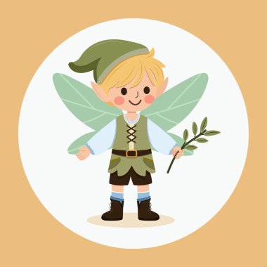 Beyaz arka planda kanatları olan sevimli orman perisi çocuk. Flora ve Fauna. Poster, Banner, Flyer, tebrik kartı. Çizgi film tarzında vektör illüstrasyonu