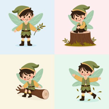 Beyaz arka planda kanatları olan bir grup orman perisi. Poster, Banner, Flyer, tebrik kartı. Çizgi film tarzında vektör illüstrasyonu