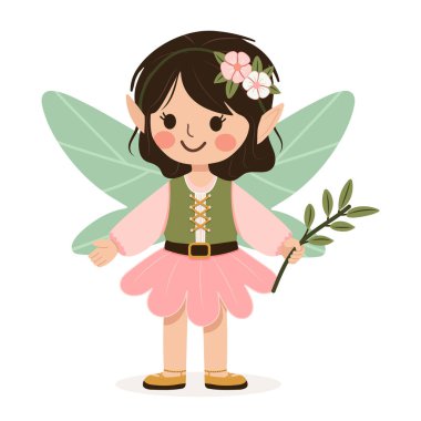 Beyaz arka planda kanatları olan tatlı orman perisi kız. Poster, Banner, Flyer, tebrik kartı. Çizgi film tarzında vektör illüstrasyonu