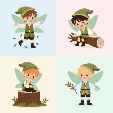 Beyaz arka planda kanatları olan bir grup orman perisi. Poster, Banner, Flyer, tebrik kartı. Çizgi film tarzında vektör illüstrasyonu