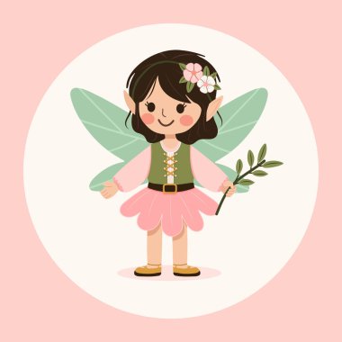 Beyaz arka planda kanatları olan tatlı orman perisi kız. Poster, Banner, Flyer, tebrik kartı. Çizgi film tarzında vektör illüstrasyonu