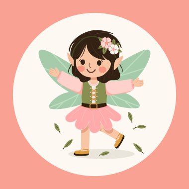 Beyaz arka planda kanatları olan tatlı orman perisi kız. Poster, Banner, Flyer, tebrik kartı. Çizgi film tarzında vektör illüstrasyonu