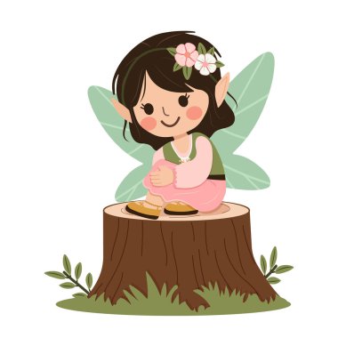 Beyaz arka planda ağaçta oturan kanatlı tatlı orman perisi kız. Poster, Banner, Flyer, tebrik kartı. Çizgi film tarzında vektör illüstrasyonu