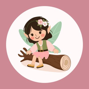 Beyaz arka planda ağaçta oturan kanatlı tatlı orman perisi kız. Poster, Banner, Flyer, tebrik kartı. Çizgi film tarzında vektör illüstrasyonu