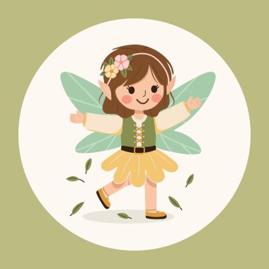 Beyaz arka planda kanatları olan tatlı orman perisi kız. Flora ve Fauna. Poster, Banner, Flyer, tebrik kartı. Çizgi film tarzında vektör illüstrasyonu