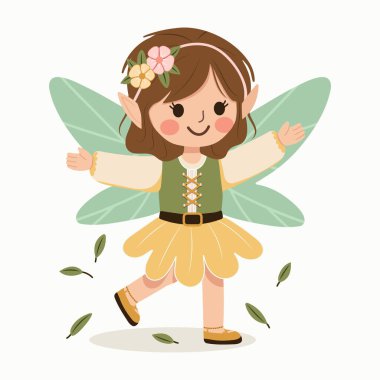 Beyaz arka planda kanatları olan tatlı orman perisi kız. Flora ve Fauna. Poster, Banner, Flyer, tebrik kartı. Çizgi film tarzında vektör illüstrasyonu