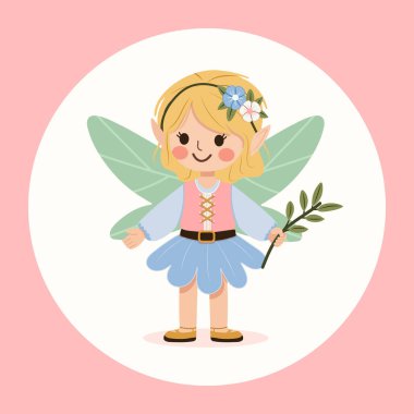 Beyaz arka planda kanatları olan tatlı orman perisi kız. Flora ve Fauna. Poster, Banner, Flyer, tebrik kartı. Çizgi film tarzında vektör illüstrasyonu