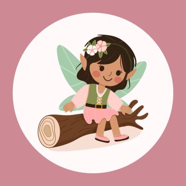 Beyaz arka planda kanatları olan tatlı orman perisi kız. Flora ve Fauna. Poster, Banner, Flyer, tebrik kartı. Çizgi film tarzında vektör illüstrasyonu