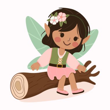 Beyaz arka planda kanatları olan tatlı orman perisi kız. Flora ve Fauna. Poster, Banner, Flyer, tebrik kartı. Çizgi film tarzında vektör illüstrasyonu