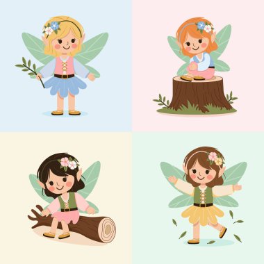 Renkli kanatlı orman perisi kız takımı. Poster, Banner, Flyer, tebrik kartı. Çizgi film tarzında vektör illüstrasyonu