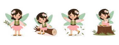 Beyaz arka planda kanatları olan bir grup orman perisi. Poster, Banner, Flyer, tebrik kartı. Çizgi film tarzında vektör illüstrasyonu