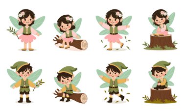 Beyaz arka planda kanatları olan orman perisi kız ve oğlan takımı. Poster, Banner, Flyer, tebrik kartı. Çizgi film tarzında vektör illüstrasyonu