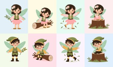 Renkli kanatları olan bir grup orman perisi kız ve oğlan. Poster, Banner, Flyer, tebrik kartı. Çizgi film tarzında vektör illüstrasyonu